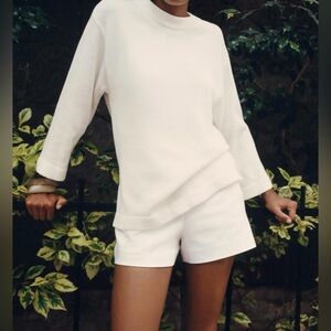 NWT ZARA Women Large White Crew Neck Knit Linen Cotton Blend Sweater Side Slit